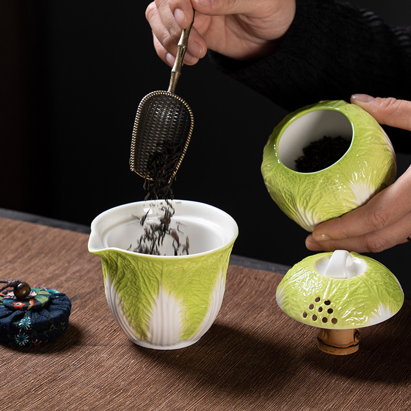 Bộ trà du lịch bắp cải sáng tạo Baicai Nafu Bộ ba cốc gốm sứ cốc khách nhanh ngoài trời sáng tạo xách tay