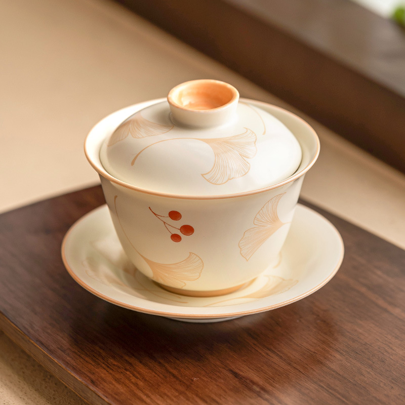 Bát trà tam tài bạch quả màu be, cốc trà pha trà gia dụng, bộ trà gốm sứ chống bỏng có nắp, hộp quà một chiếc