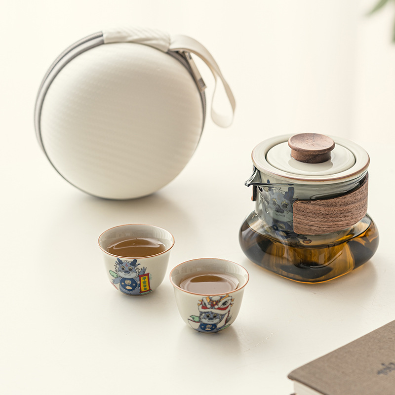 Bộ trà du lịch di động năm rồng tráng men Mihe, một ấm hai cốc, trà cắm trại ngoài trời, cốc khách nhanh, bộ đồ gốm nhỏ