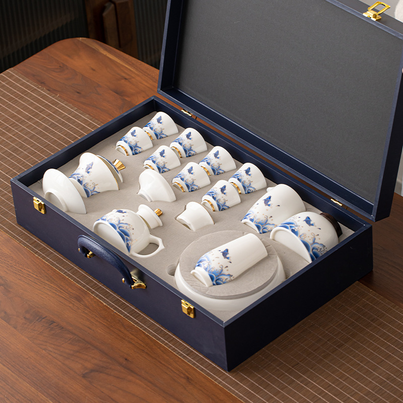 Bộ trà ngọc bích mỡ cừu Bộ quà tặng sứ trắng Đức Hoa có nắp ấm trà tách trà bộ dụng cụ trà Kung Fu trọn bộ gia dụng