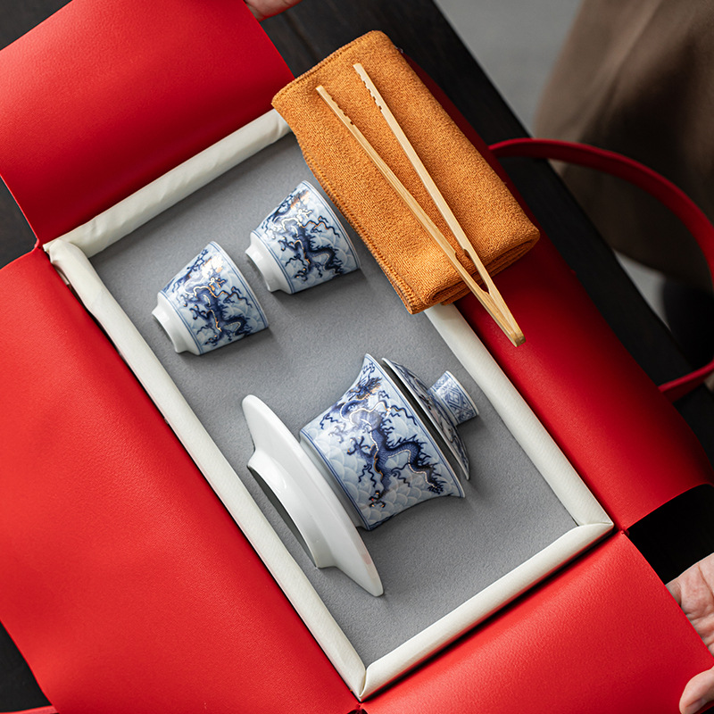 Bộ dụng cụ trà cốc trà cốc có nắp hoa văn rồng vàng bạc túi vải đựng trà du lịch xách tay