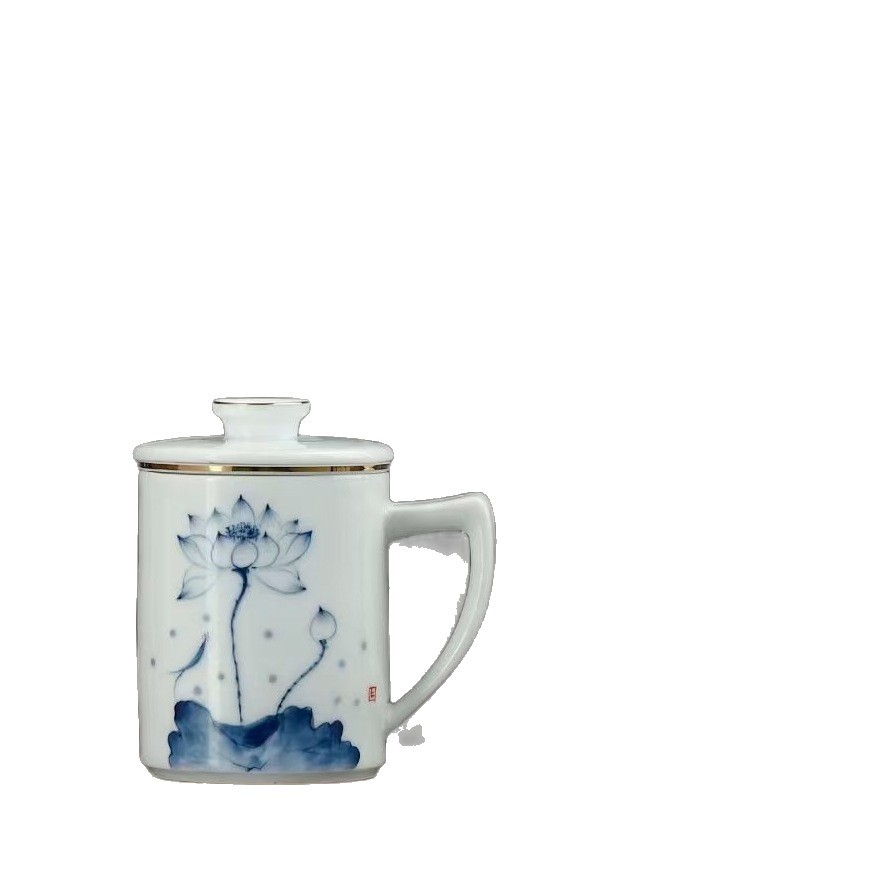 Cốc nước gốm có nắp, cốc trà sứ trắng xanh, cốc văn phòng vẽ tay cá nhân, quà tặng thiết thực