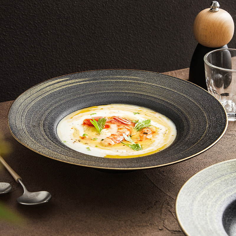 Bát mũ rơm cát vàng đen vẽ tay bát súp đặc nhà hàng phương Tây cổ điển sáng tạo đĩa mì Ý bát salad bát gốm sứ bộ đồ ăn bát sâu