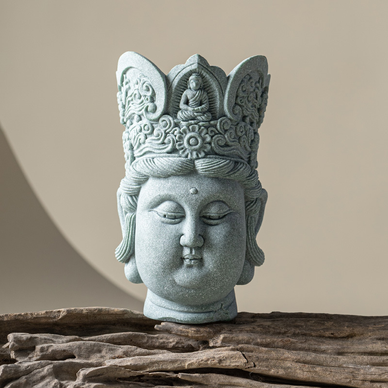 Đồ trang trí đầu Phật sáng tạo bằng đá sa thạch xanh Lingji Bồ tát mới phong cảnh bể cá kiểu Trung Quốc trang trí nhân vật lối vào nhà