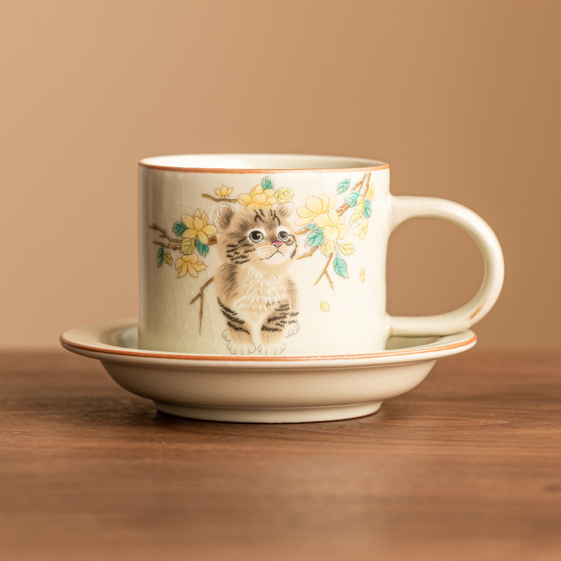 Cốc cà phê Moe Cat Ru Kiln Cốc trà tinh tế cao cấp Cốc nước Trung Quốc chuyên dụng cá nhân cho nữ Bộ đĩa cốc sữa