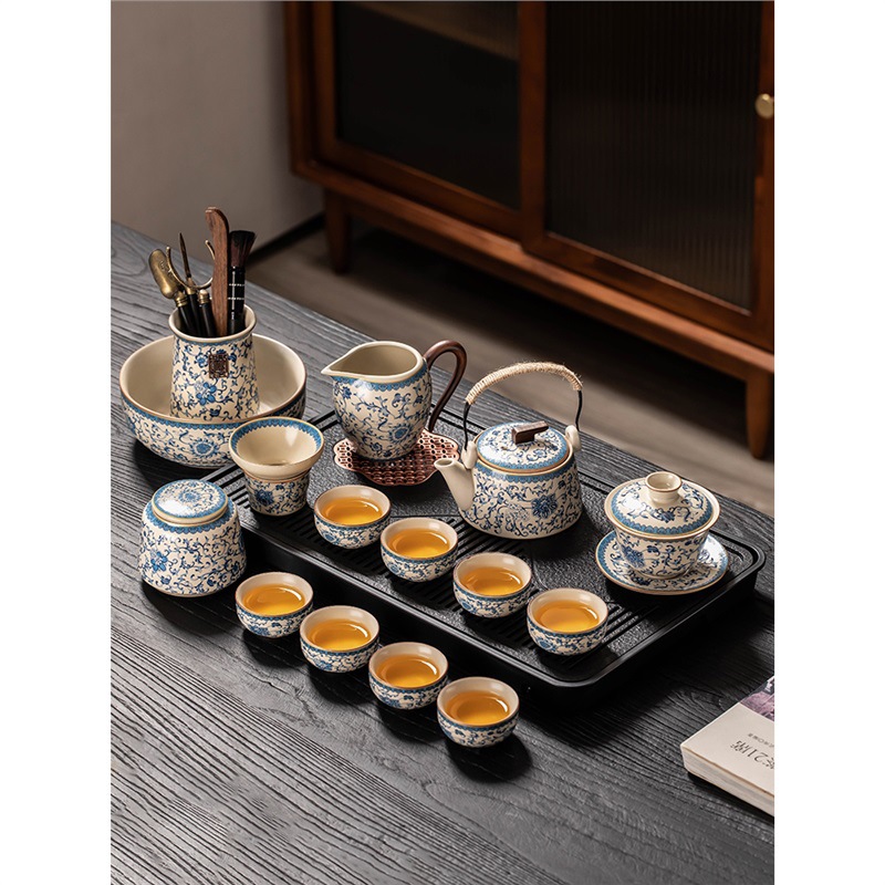 Bộ ấm trà Kung Fu màu xanh và trắng ở Ru Kiln ấm pha trà có nắp gốm cao cấp sang trọng nhẹ gia dụng