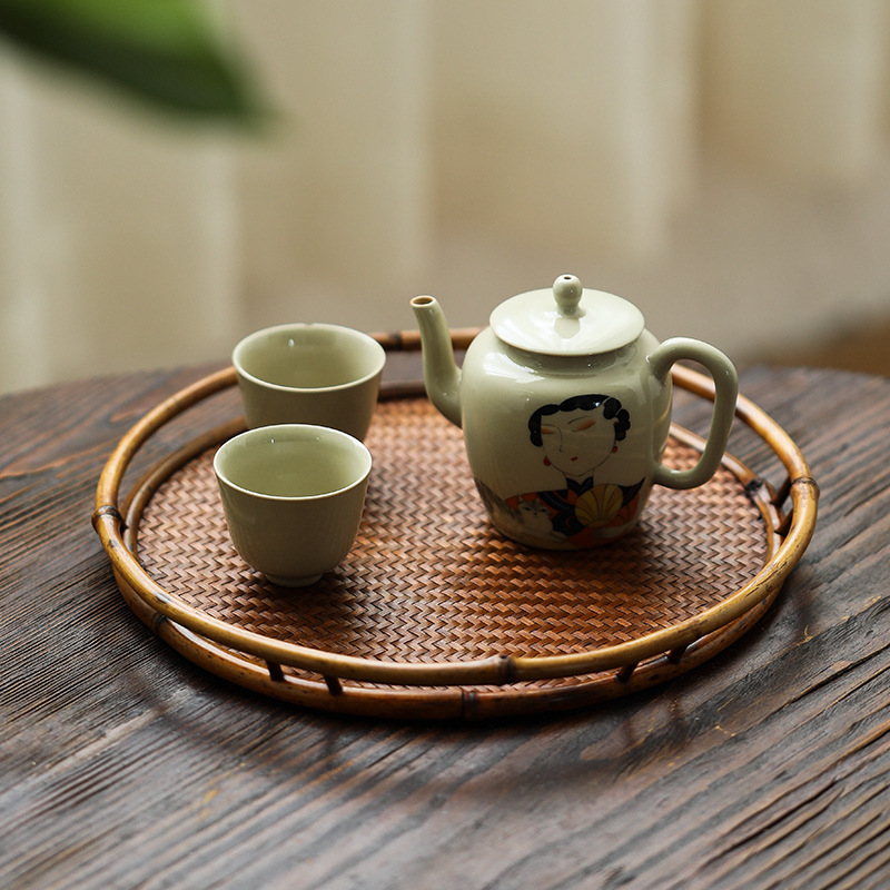 Khay chiếu đan tre trúc làm thủ công khay đựng trà hình tròn khay đựng trà bàn pha khô Khay trà Phong bàn trà chiếu trà không pha trà đạo
