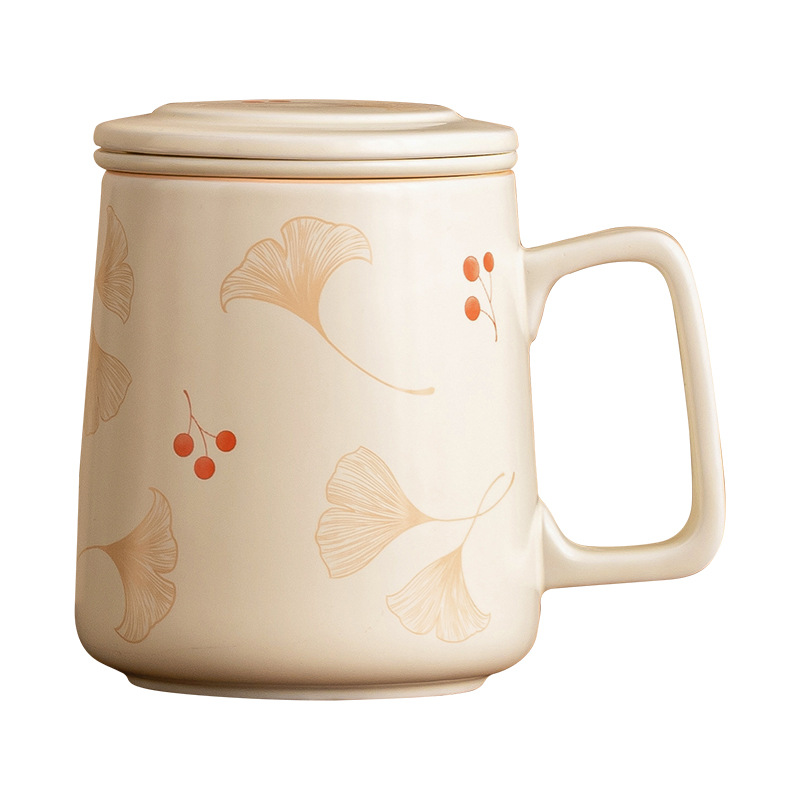 Cốc sứ bạch quả màu be cốc văn phòng cốc nước gốm cốc pha trà cốc tách nước cốc cốc lớn gia dụng có nắp