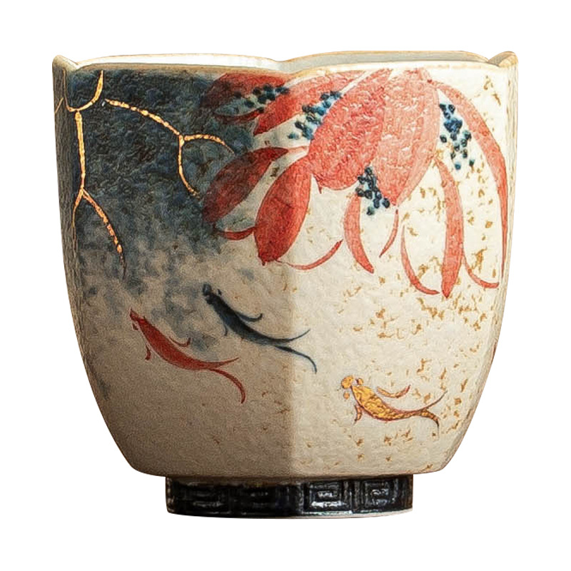 Nhà máy màu xanh và trắng, đá lửa đỏ, cốc chủ cao cấp, vẽ tay vàng, hoa sen, cá koi, cốc trà gốm sứ, cốc trà