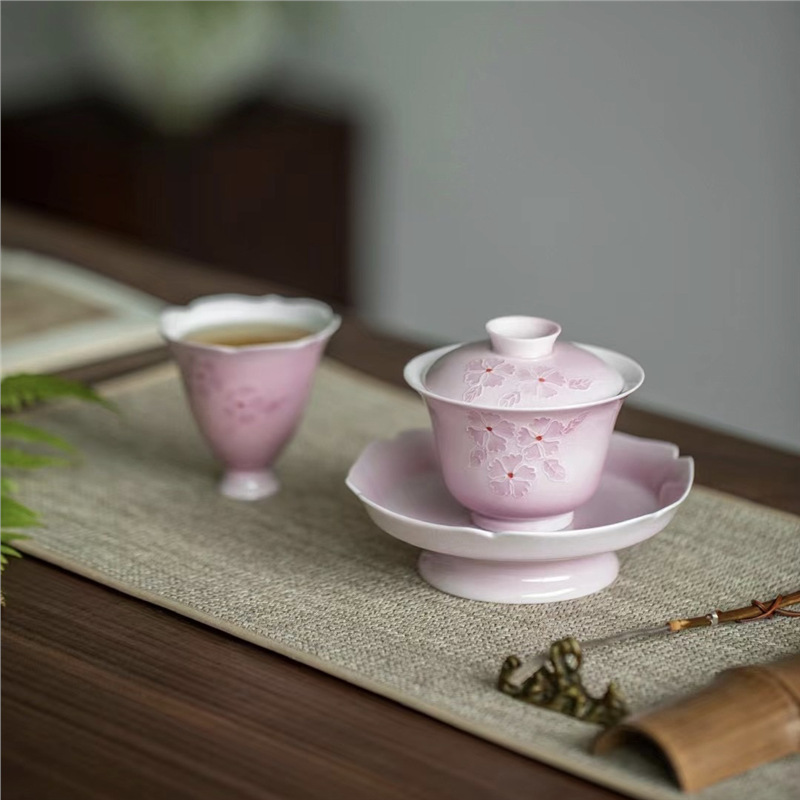 Sản phẩm mới gia công gia cố màu hoa anh đào tráng men màu vẽ tay ấm trà nhiệt độ cao cốc trà nắp bát bộ trà kung fu quà tặng