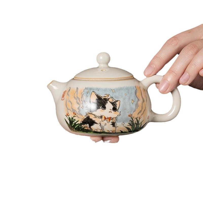 Bộ ấm trà gốm sứ Ru lò dễ thương bộ ấm trà công phu sáu chén cao cấp phòng khách gia dụng