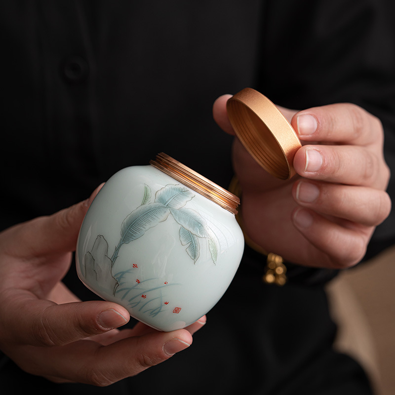 Hộp đựng trà men ngọc, Hộp đựng đồ bằng gốm gia dụng, Hộp đựng đồ bằng hợp kim nhỏ, Hộp đựng trà, hộp đựng đồ cầm tay