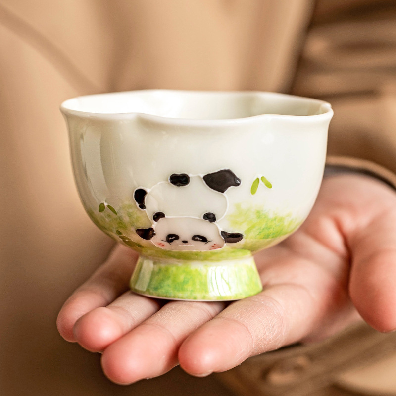 Chén trà Kung Fu màu xám cỏ, chén vẽ tay, chén chủ nhân hình gấu trúc chạm khắc, chén đặc biệt uống trà, chén trà, chén đơn