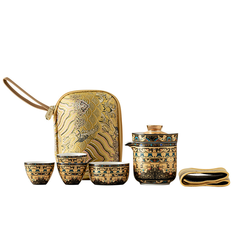 Bộ trà du lịch Thangka gốm cổ điển Bộ trà lọc cốc khách di động ngoài trời một ấm bốn cốc