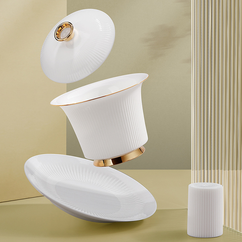 Bộ ấm trà ngọc bích mỡ cừu Bộ bát Ba tài năng có nắp hộp quà tặng doanh nghiệp hỗ trợ LOGO