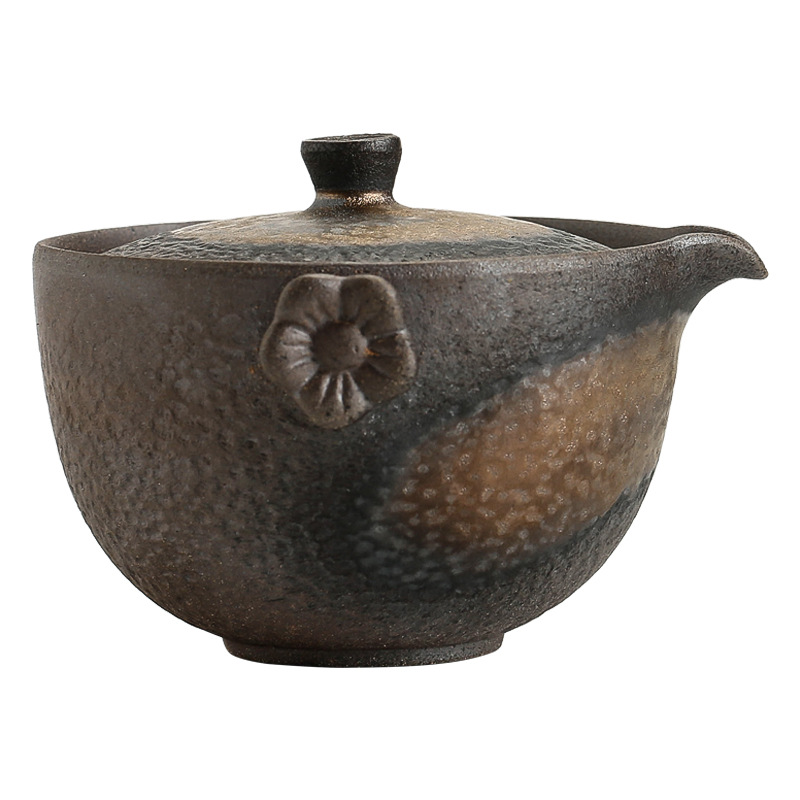 Bán buôn Ấm gốm thô hình hoa, ấm tay cầm tai, ấm trà Thiền thủ công, Bộ trà Kung Fu cổ điển, bát tráng men sắt mạ vàng