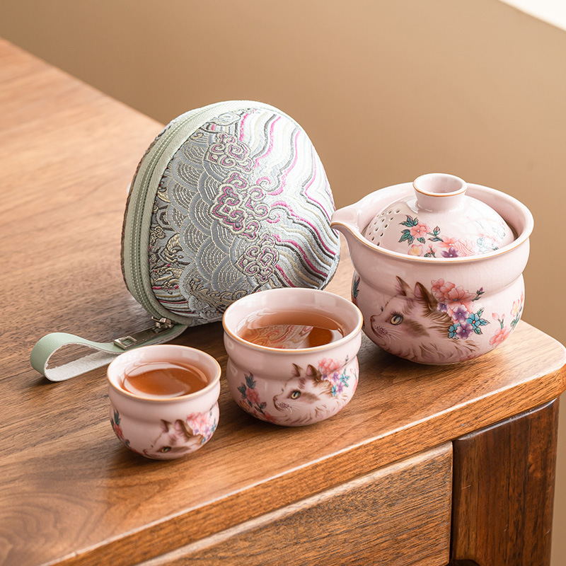Jisu Ru lò hoa mèo nhanh tách trà Fulu một ấm hai cốc bộ trà du lịch gốm sứ túi xách đi chơi một người uống