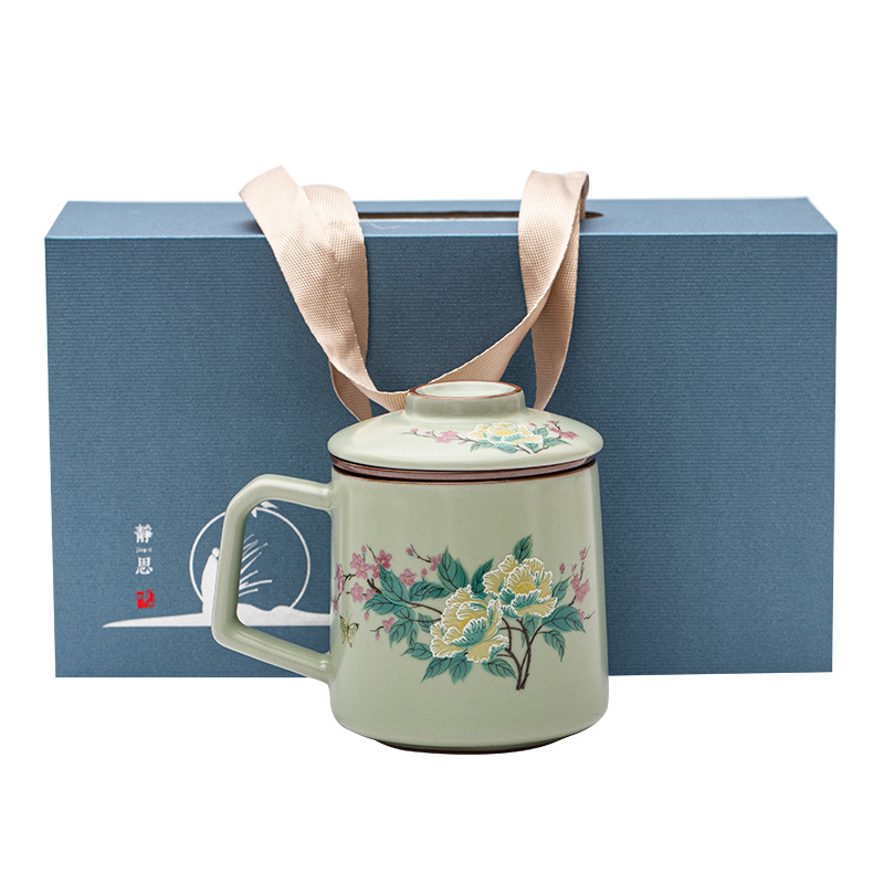 Màu xanh lá cây Ruyao Furong cốc văn phòng hộp quà cốc gốm sứ gia dụng cốc tách trà chuyên dụng cá nhân cốc pha trà