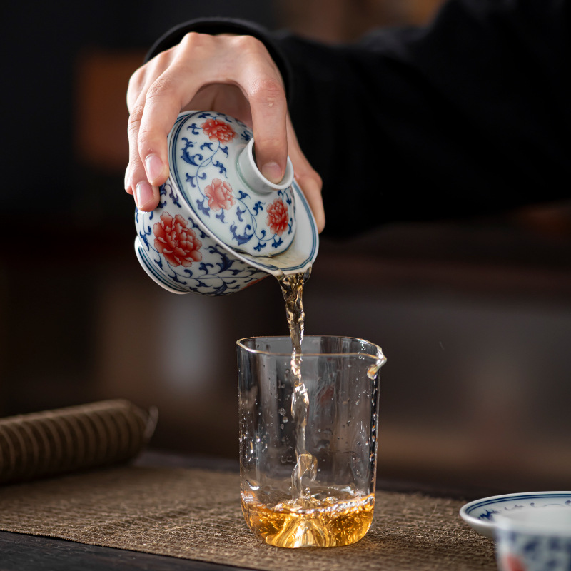 Cốc trà bát có nắp ba tài cổ sứ trắng xanh cốc trà gốm sứ tráng men màu cao cấp một tay không nóng chuyên dụng