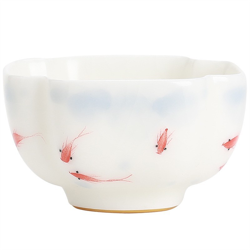 Cốc trà sứ trắng cao cấp, bộ trà kungfu, cốc chủ lò Ru, chén trà đơn, sứ vẽ tay, quà lưu niệm cá