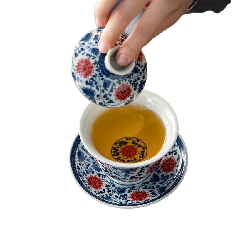 Bộ tách trà bát có nắp đỏ tráng men xanh trắng tráng men giả cổ bộ tách trà bát bộ trà tam tài gốm sứ cao cấp