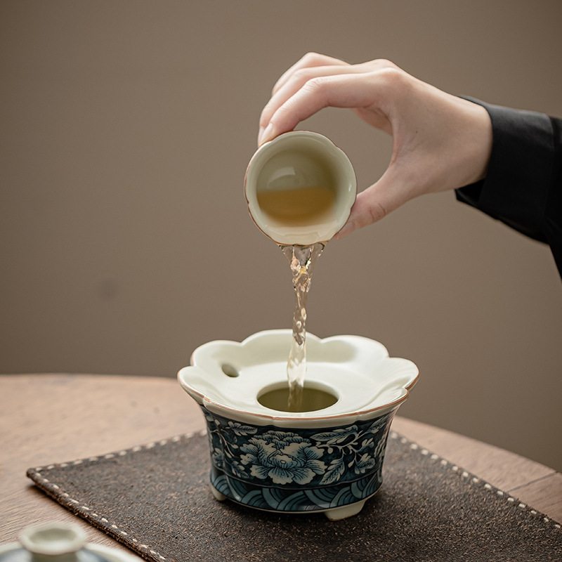 Ấm đun nước rửa và bảo quản trà gốm sứ ba chân cổ Ruyao Fanhua Jianshui, ấm đun nước rửa chén, bình đựng bã trà, bình đựng nước thải, dụng cụ pha trà Kung Fu