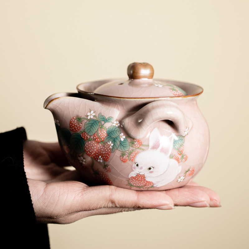 Ấm cầm tay gốm sứ Thỏ Dâu Tây lò Fenru, bát trà gia dụng dung tích lớn, dụng cụ pha trà đơn, ấm đơn trà