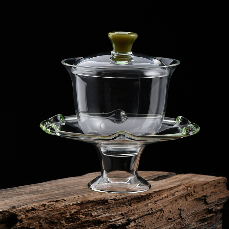 Bát nắp thủy tinh cao cấp Bộ trà Kung Fu đơn dụng cụ pha trà xanh cao cấp trong suốt cầm tay chống bỏng không nóng