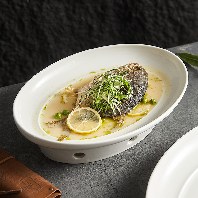 Đĩa cá với bếp nến sưởi ấm nồi khô khay bếp cách nhiệt nhà hàng cao cấp khách sạn Bộ đồ ăn đặc biệt đĩa gốm thương mại