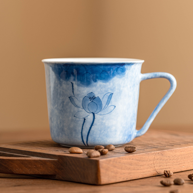Cốc cà phê hoa sen xanh vẽ tay cốc trà chiều tinh tế cao cấp gốm sứ cốc Latte Có giá trị cao Cốc uống nước