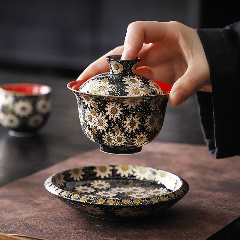 Bộ dụng cụ trà cao cấp ba nắp Jingdezhen Bộ tách trà gốm sứ tách trà bát pha trà có nắp bán buôn tinh tế