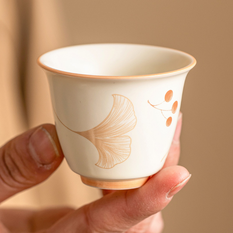 Cốc kiểu đồng hồ bạch quả màu be, cốc trà gốm sứ, cốc chủ nhân, cốc trà Kung Fu, cốc trà chuyên dùng để uống trà gia dụng