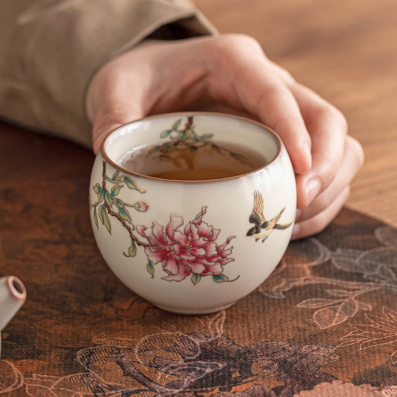 Cốc trà Ruyao cốc chủ nhân mỡ lợn đông lạnh hoa mẫu đơn hoa trứng rồng cốc trà cốc gốm sứ gia dụng cốc trà đơn trà Kung Fu