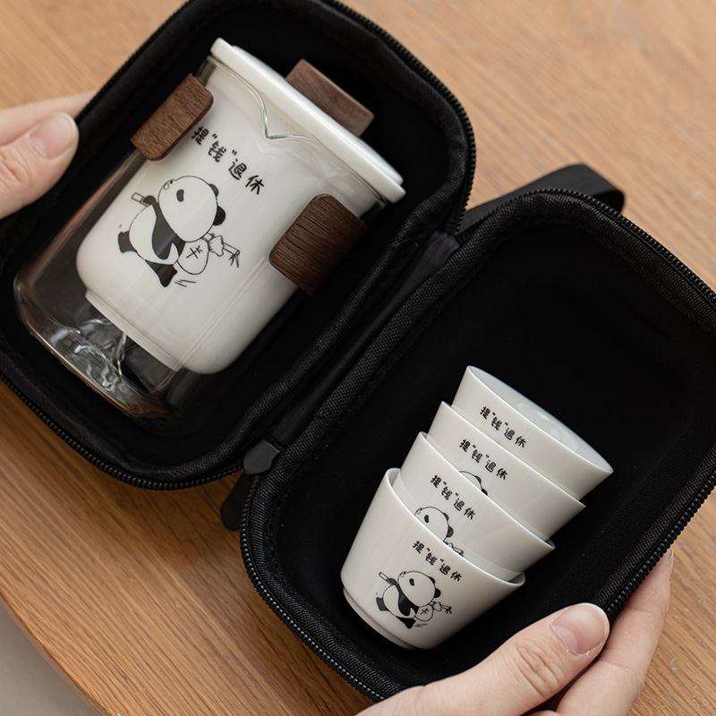 Panda mỡ cừu ngọc cốc khách nhanh ngoài trời di động hoạt hình một bình bốn cốc trà gốm sứ bộ trà kung fu ngoài trời