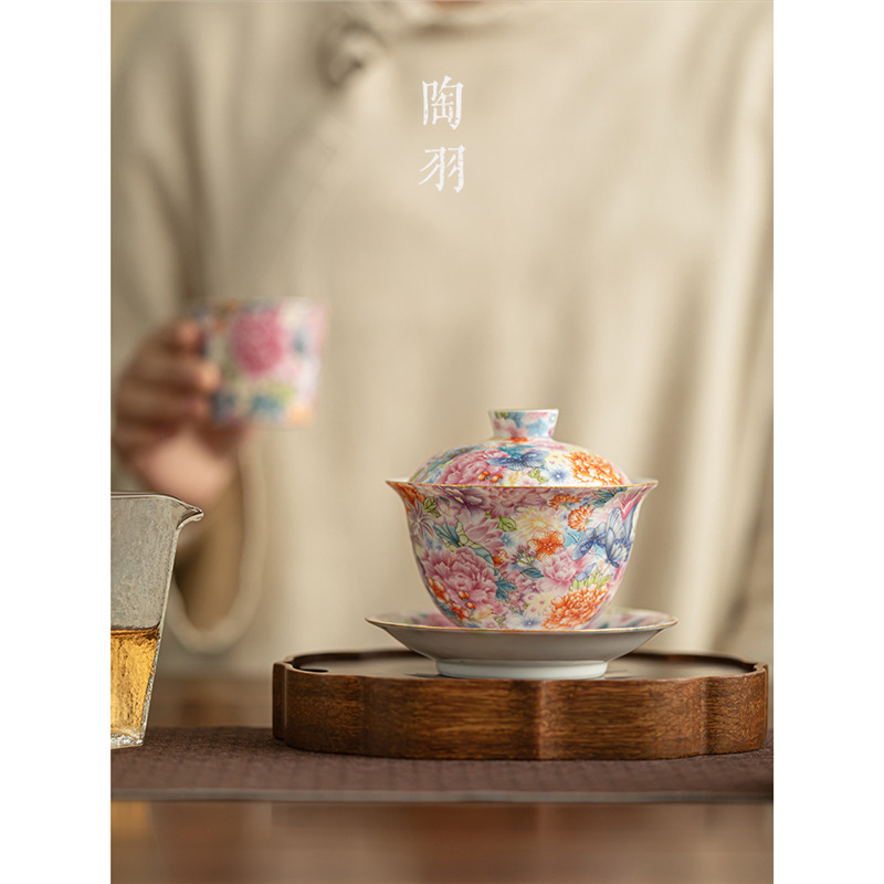 Bát trà tam tài tráng men phong cách Trung Quốc bát trà gốm sứ bộ trà kungfu bát trà đơn gia dụng cao cấp