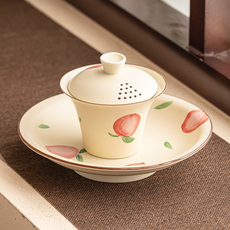 Fan Yin vẽ tay đào móng ngựa nắp bát trà cốc trà giá trị cao bộ trà nữ bát trà gốm sứ có nắp lớn tam tài