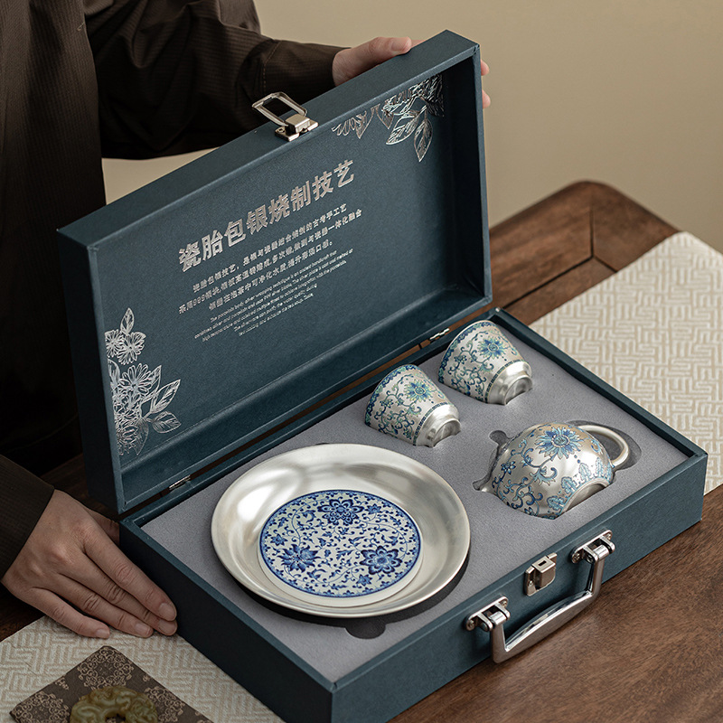 Bộ bộ hoa sen mạ bạc một bình hai cốc ấm trà gốm sứ cổ điển Bộ trà bộ nhỏ bộ trà Kung Fu tự dùng làm quà tặng