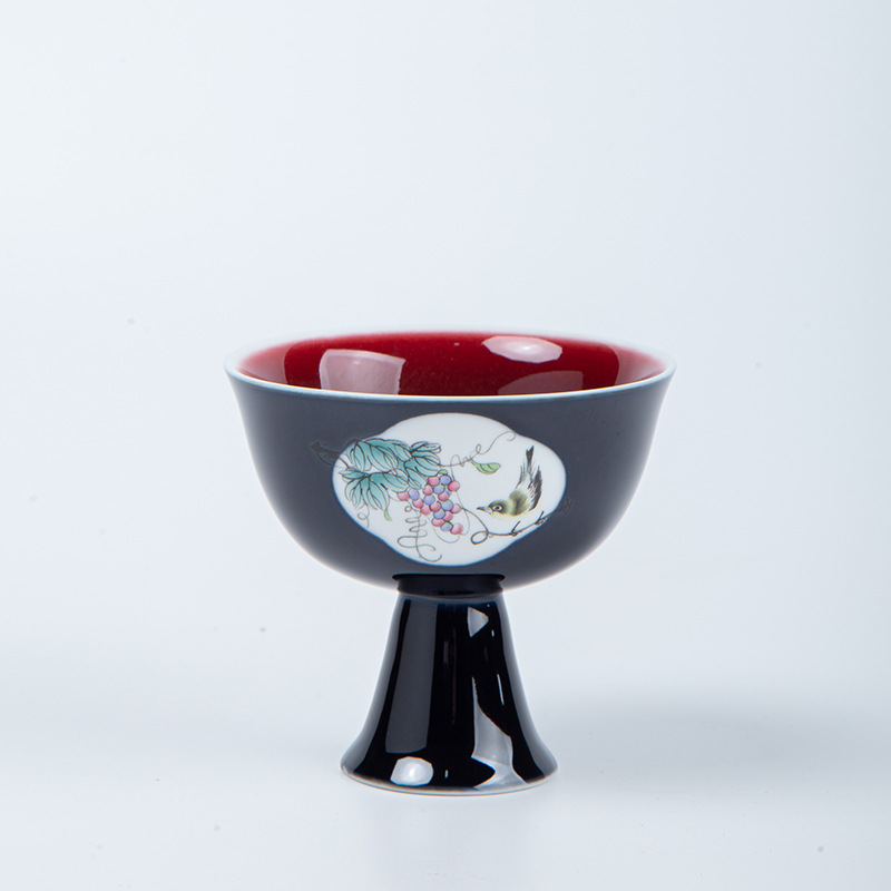 Cốc trà chân cao tráng men vẽ tay cửa sổ hoa chim cốc chủ nhân gốm sứ cốc đơn cá nhân bộ trà Kung Fu cốc trà cổ điển