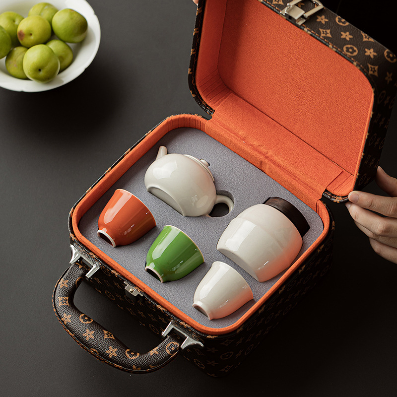 Bộ ấm xám thực vật Bộ ấm trà công phu pha trà đơn giản gốm sứ gia dụng Bộ ấm trà ba chén hộp quà