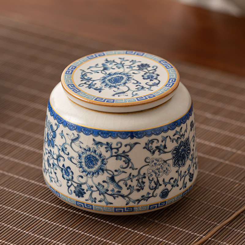 Hộp trà gốm sứ lò Ruhua màu xanh và trắng, hộp kín, hộp đựng trà thông dụng, trà đen trà xanh gia dụng Pu'er