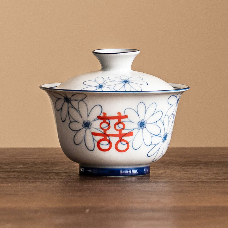 Bát có nắp tinh xảo màu xám thực vật, bát pha trà đôi hạnh phúc cúc họa mi vẽ tay, cốc trà gia dụng có nắp, bộ trà Kung Fu cỡ nhỏ