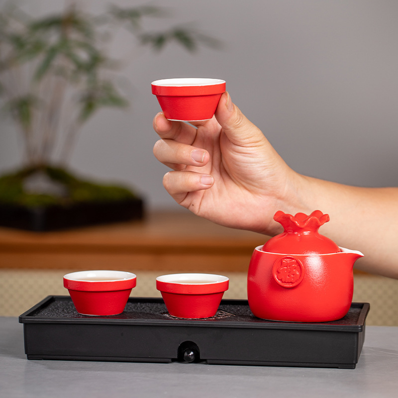 Bộ ấm chén sứ đen, một ấm ba chén, bộ ấm trà tiện lợi, bộ du lịch, túi du lịch, quà tặng, có thể thêm logo