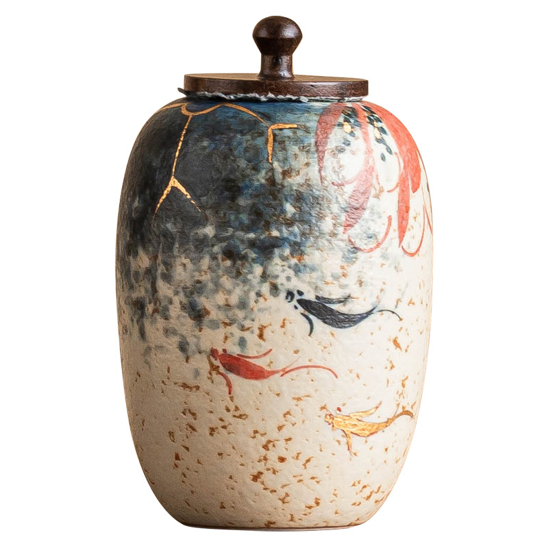 Chậu trà gốm sứ đỏ đá lửa trắng xanh, chậu trà koi vẽ tay hoa sen vẽ tay, chậu trà kín, cầm tay