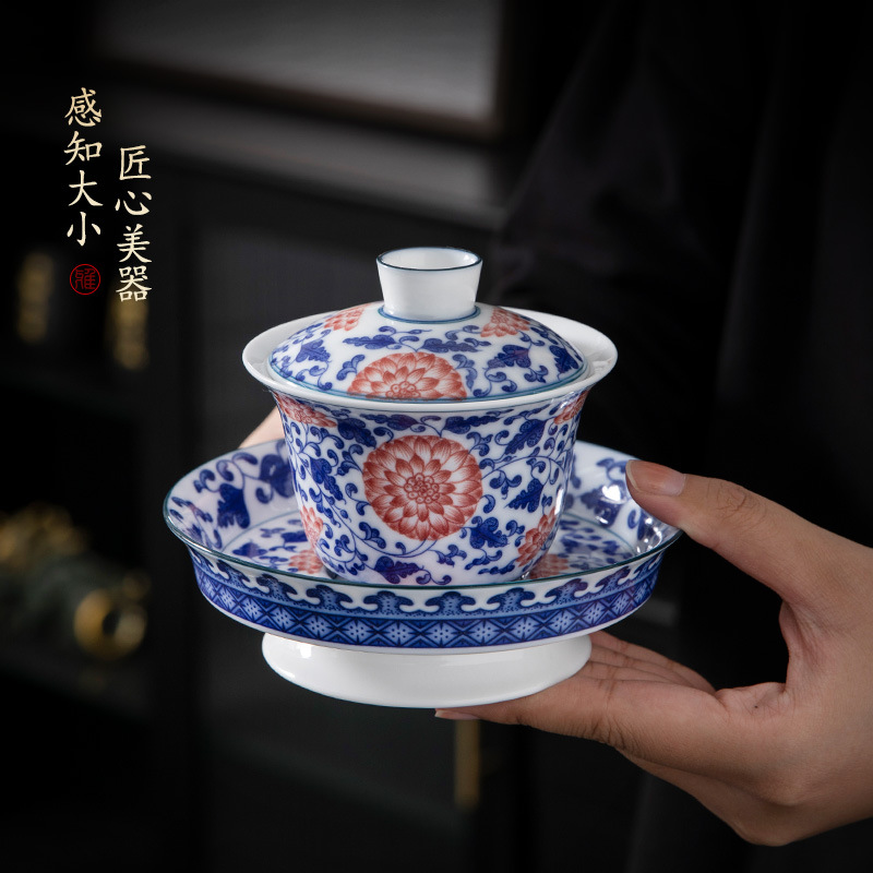 Cao cấp sang trọng nhẹ màu xanh lam sứ lớn bát có nắp ba tài cốc trà dụng cụ pha trà Kung Fu gia dụng bát trà có nắp bán buôn