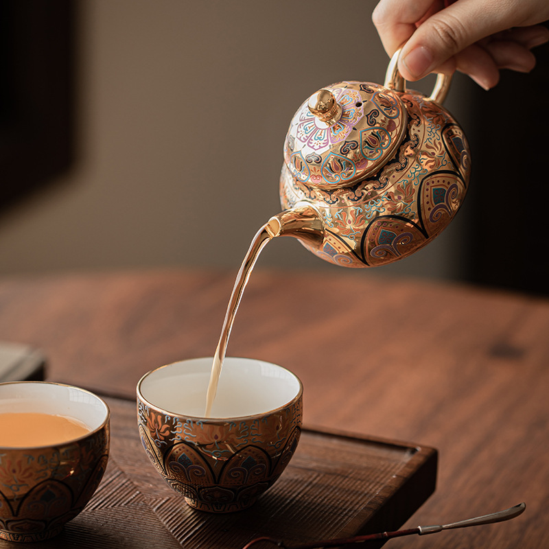 Bộ ấm chén tinh xảo mạ vàng Đôn Hoàng, bộ ấm trà hai cốc, ấm trà văn hóa và sáng tạo, ấm trà, quà tặng cho khách hàng lớn tuổi