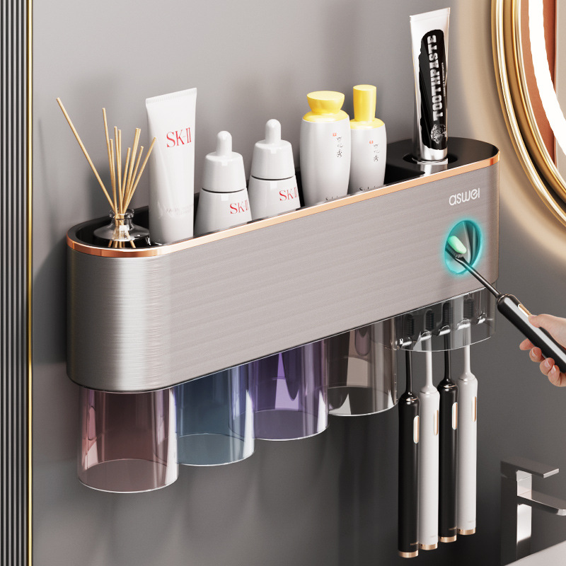 Giá để bàn chải đánh răng, Cốc đựng bàn chải đánh răng, cốc nước súc miệng điện, dụng cụ đánh răng, giá treo tường không đục lỗ, giá treo hộp đựng bàn chải đánh răng