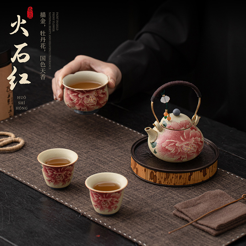 Bộ ấm chén trà đen đá lửa xanh trắng dùng trong nhà, kiểu cổ điển một ấm ba chén Kung Fu, quà lưu niệm tặng người lớn tuổi và khách hàng