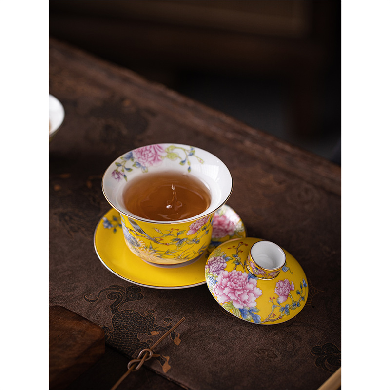Bát có nắp tam tài tráng men, bộ trà Kung Fu hương hoa chim, bát pha trà gốm sứ gia dụng, bát trà không nóng tay