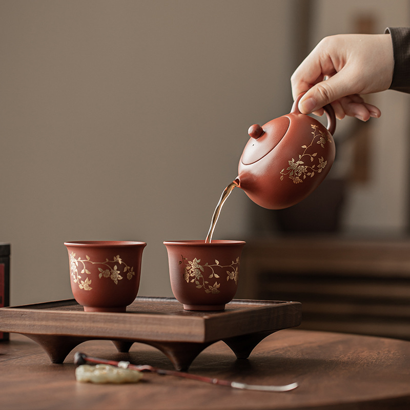 Bộ ấm trà Xi Shi hoa sen mạ vàng tím bộ ấm pha trà cổ điển một ấm hai cốc bộ trà quà tặng gia dụng hộp quà
