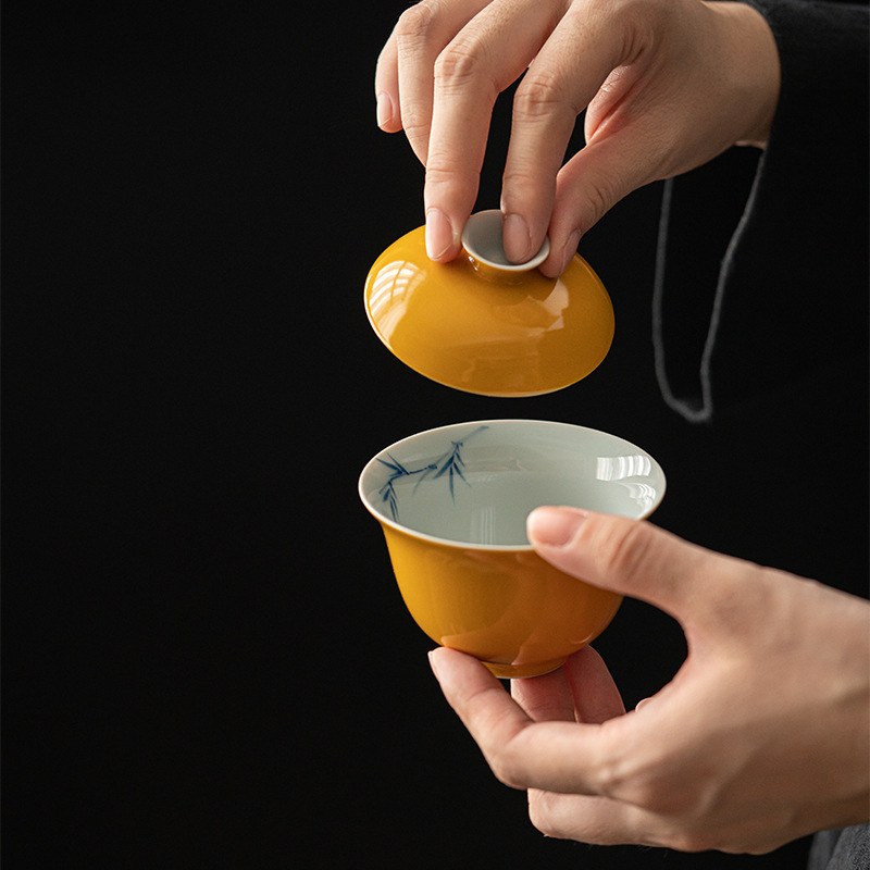 Bát gốm tráng men quặng thô màu vàng kiểu Trung Quốc, bát trà ẩn bằng tre xanh trắng, Bát pha trà vẽ tay Văn Nhân